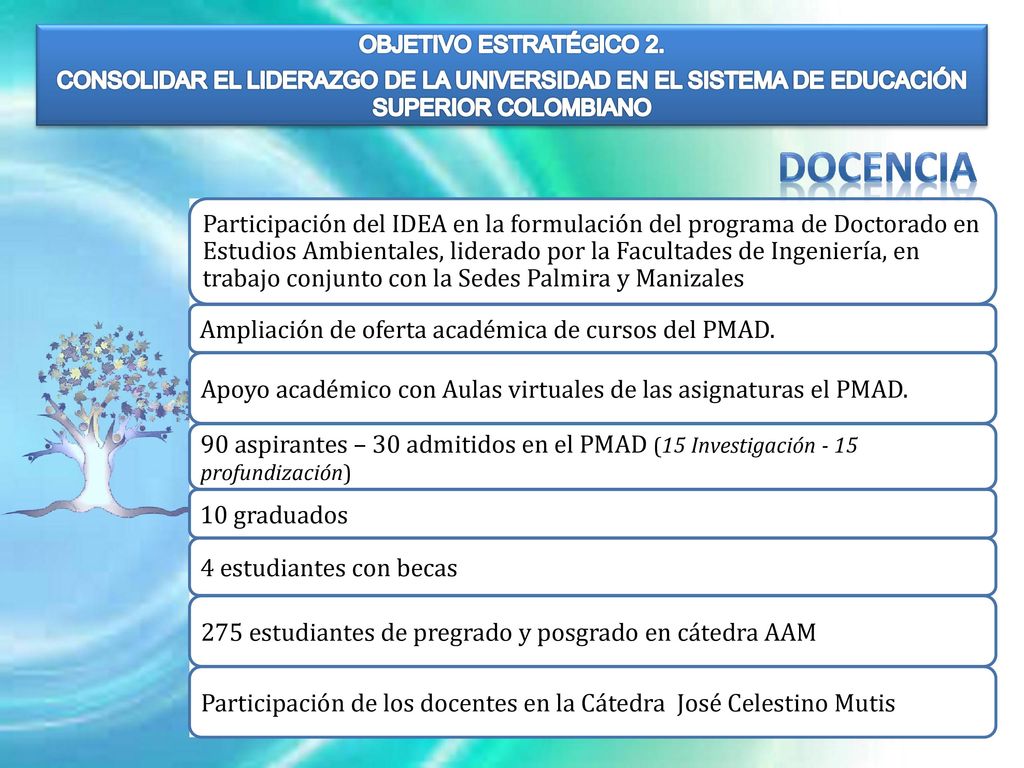 OBJETIVO ESTRATÉGICO 2. CONSOLIDAR EL LIDERAZGO DE LA UNIVERSIDAD EN EL SISTEMA DE EDUCACIÓN SUPERIOR COLOMBIANO.