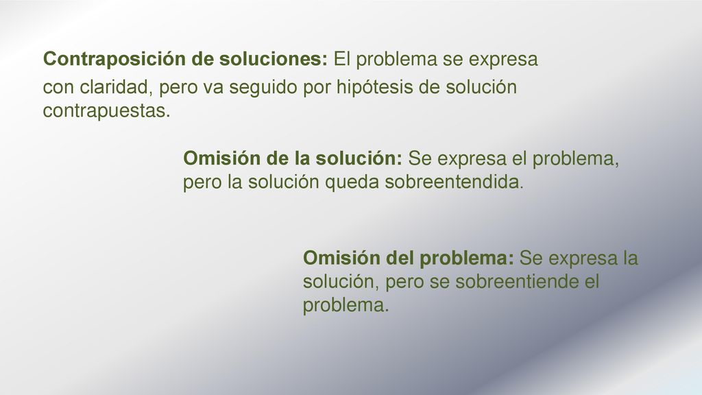 Contraposición de soluciones: El problema se expresa con claridad, pero va seguido por hipótesis de solución contrapuestas.