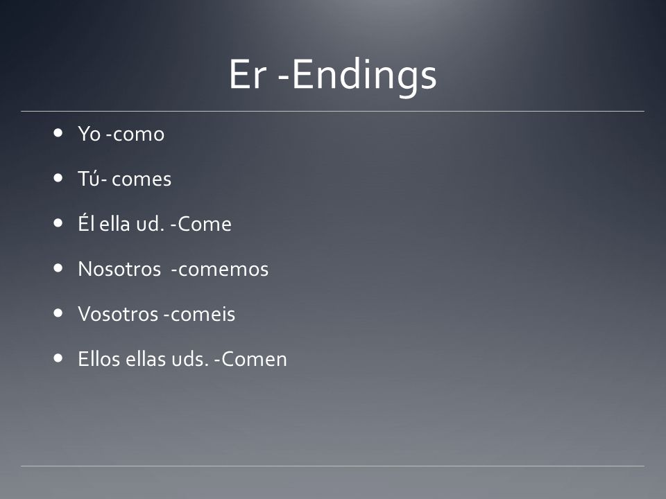 Er -Endings Yo -como Tú- comes Él ella ud. -Come Nosotros -comemos