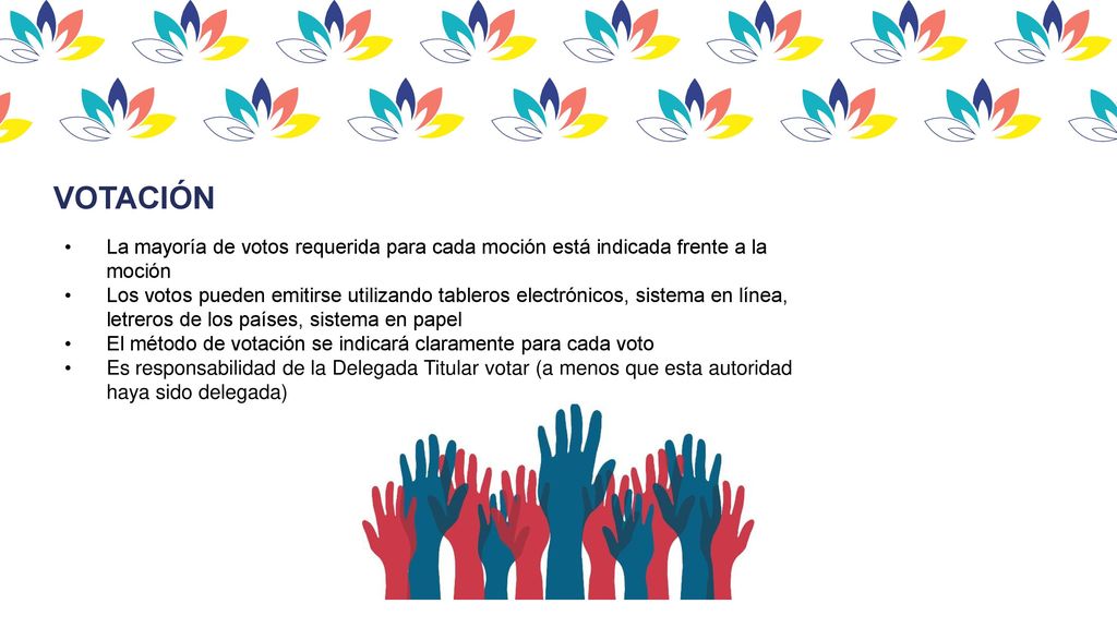 votación La mayoría de votos requerida para cada moción está indicada frente a la moción.