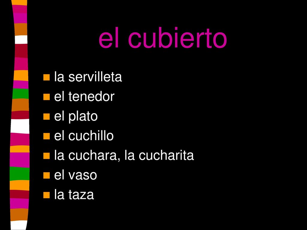 el cubierto la servilleta el tenedor el plato el cuchillo