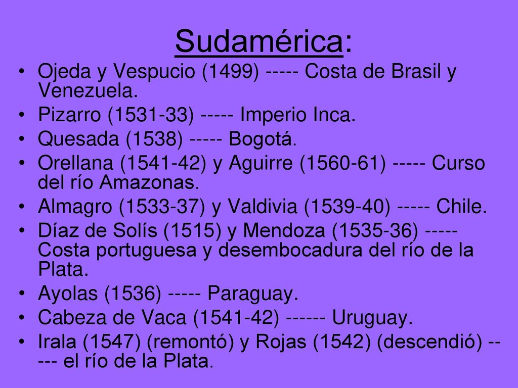 Sudamérica: Ojeda y Vespucio (1499) Costa de Brasil y Venezuela.