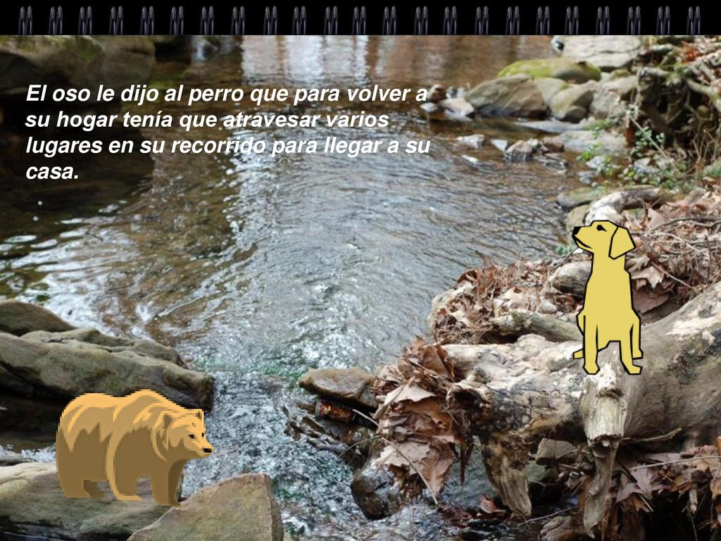 El oso le dijo al perro que para volver a su hogar tenía que atravesar varios lugares en su recorrido para llegar a su casa.