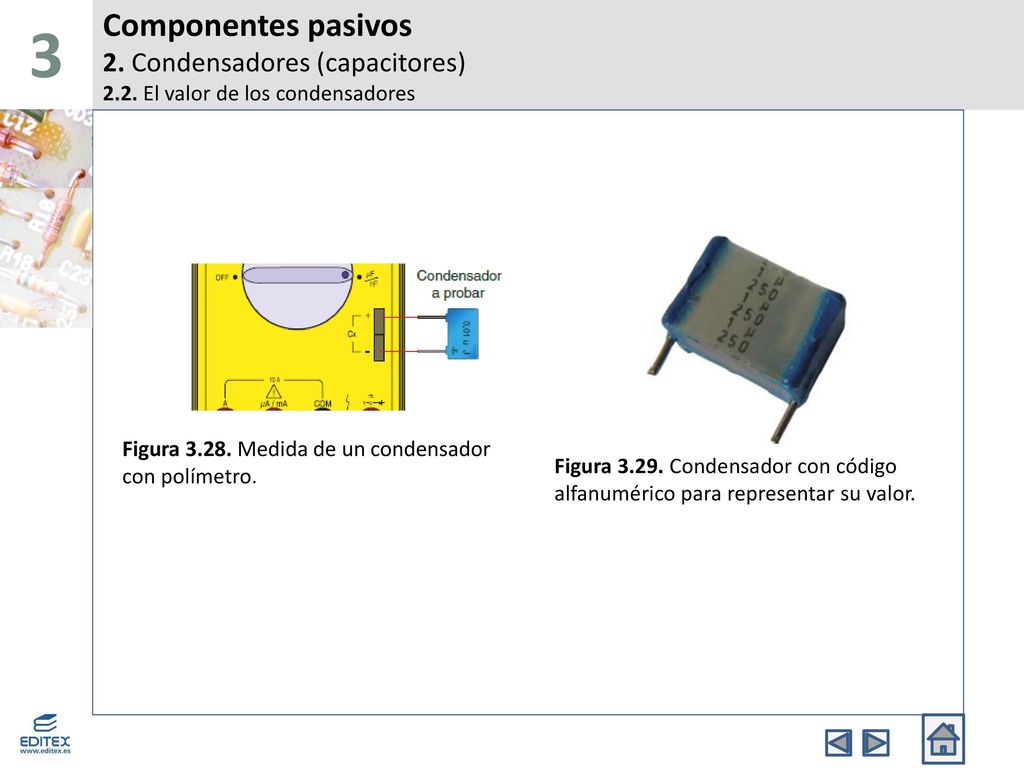 3 Componentes pasivos 2. Condensadores (capacitores) 2.2. El valor de los condensadores. Figura Medida de un condensador con polímetro.