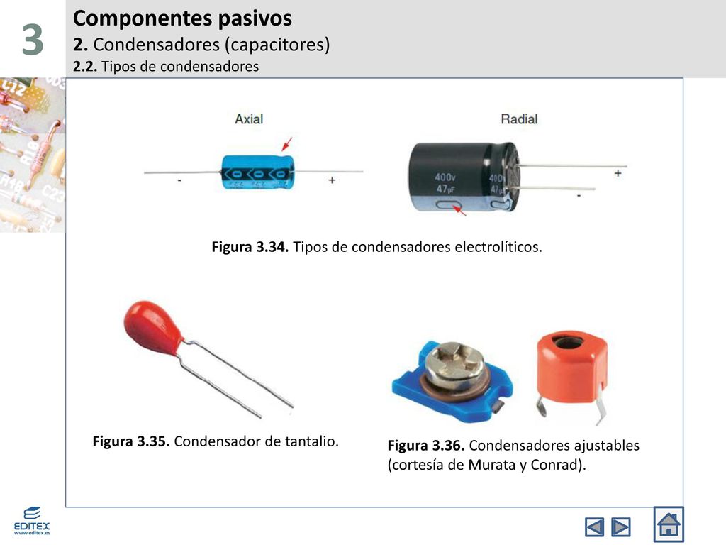 3 Componentes pasivos 2. Condensadores (capacitores) 2.2. Tipos de condensadores. Figura Tipos de condensadores electrolíticos.