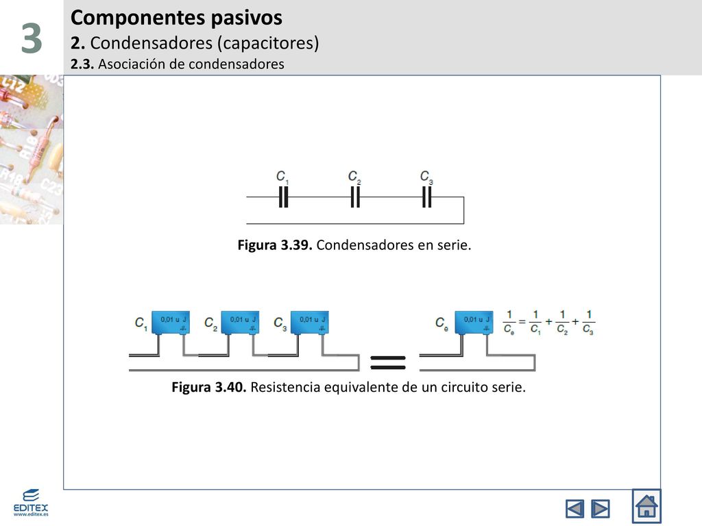 3 Componentes pasivos 2. Condensadores (capacitores) 2.3. Asociación de condensadores. Figura Condensadores en serie.
