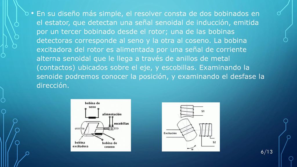 En su diseño más simple, el resolver consta de dos bobinados en el estator, que detectan una señal senoidal de inducción, emitida por un tercer bobinado desde el rotor; una de las bobinas detectoras corresponde al seno y la otra al coseno.