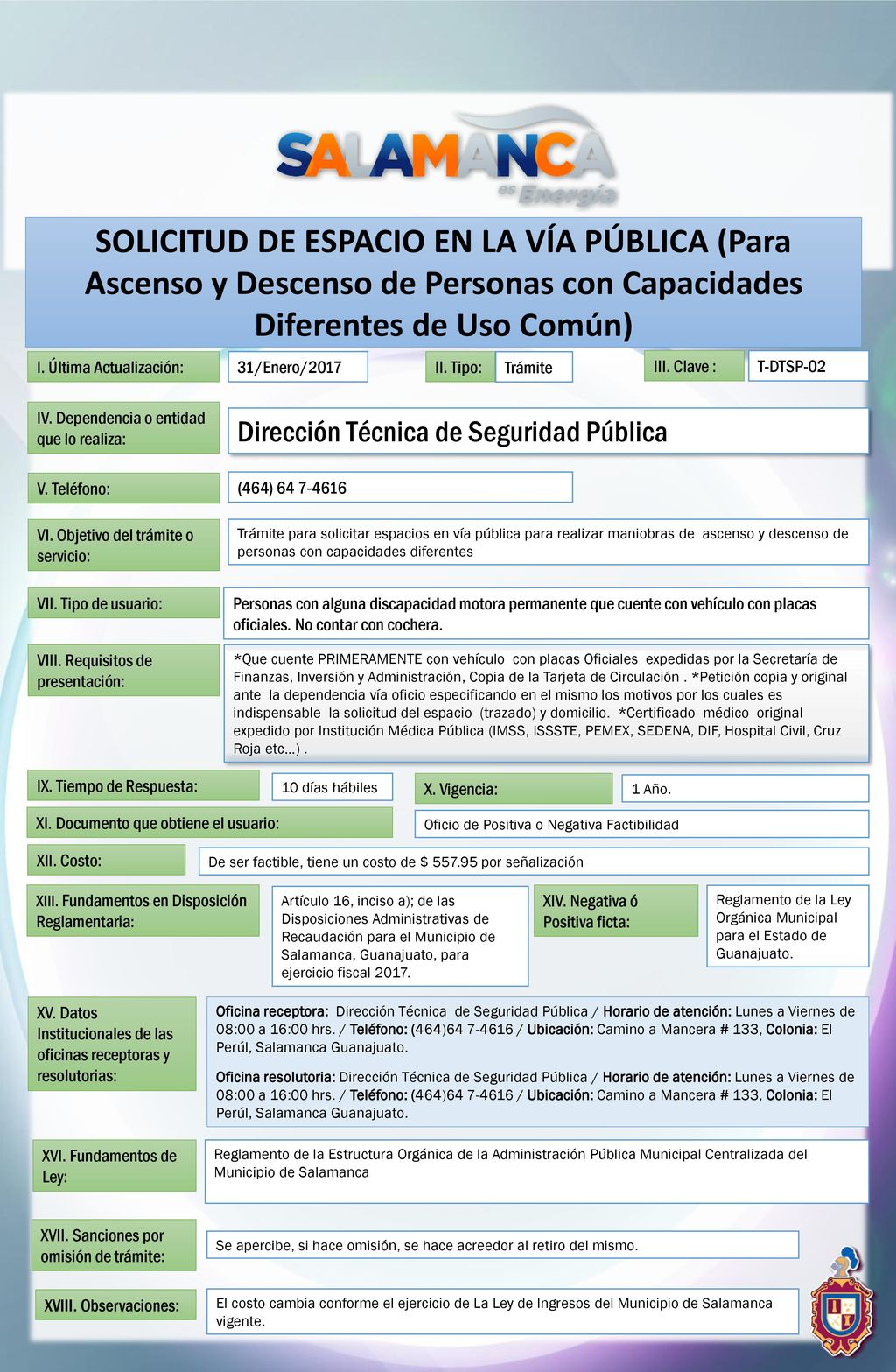 SOLICITUD DE ESPACIO EN LA VÍA PÚBLICA (Para Ascenso y Descenso de Personas con Capacidades Diferentes de Uso Común)
