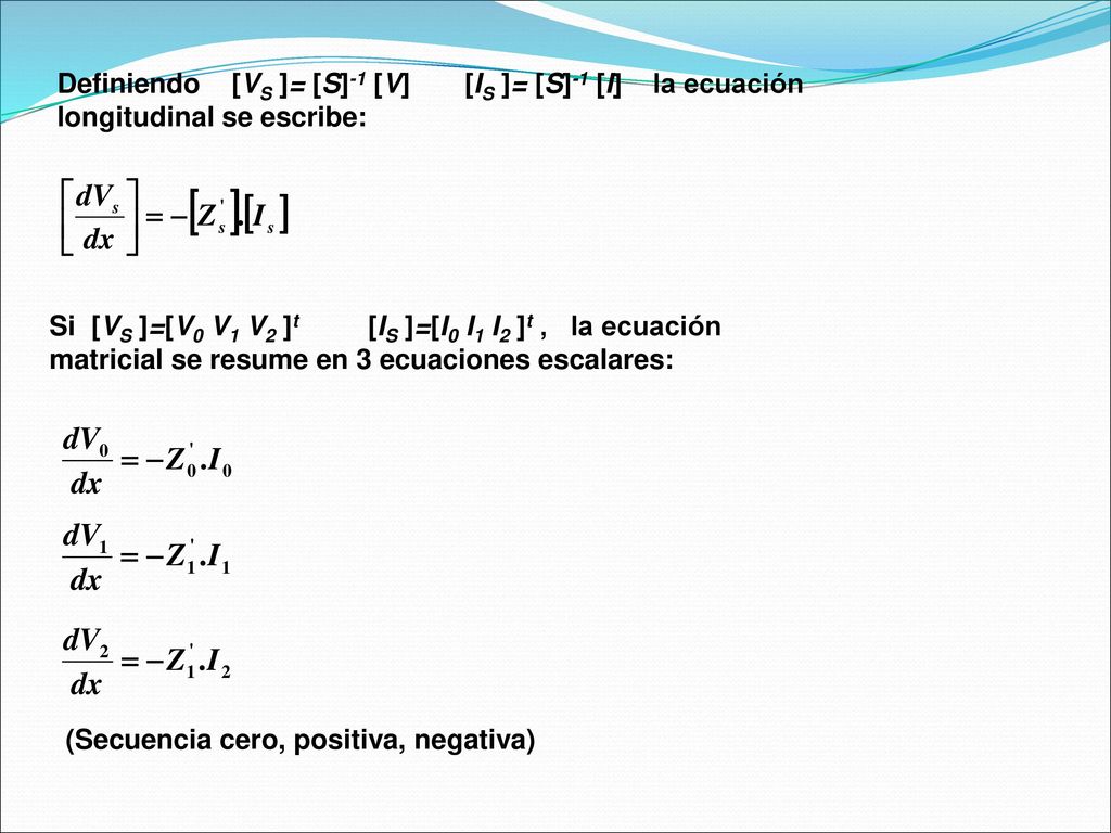 Definiendo [VS ]= [S]-1 [V] [IS ]= [S]-1 [I] la ecuación longitudinal se escribe: