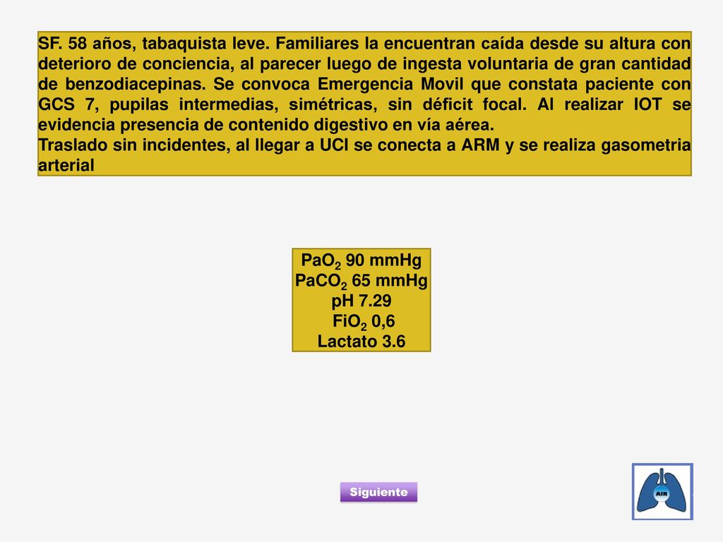 PaO2 90 mmHg PaCO2 65 mmHg pH 7.29 FiO2 0,6 Lactato 3.6