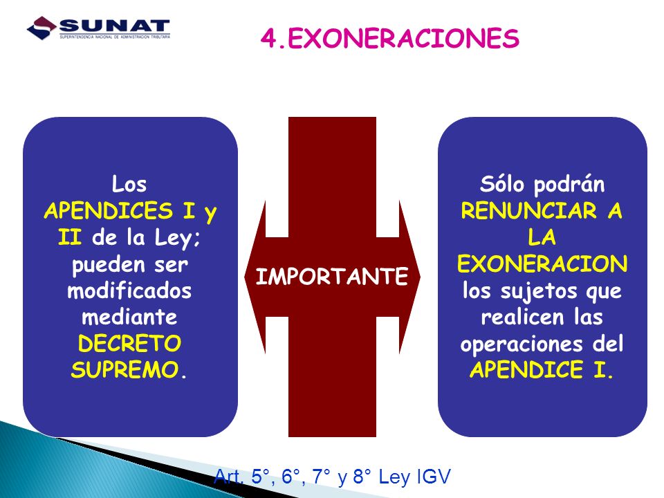 4.EXONERACIONES Los. APENDICES I y II de la Ley; pueden ser modificados mediante DECRETO SUPREMO. IMPORTANTE.
