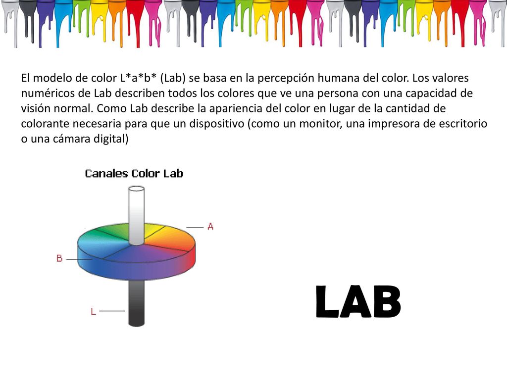 El modelo de color L*a*b* (Lab) se basa en la percepción humana del color. Los valores numéricos de Lab describen todos los colores que ve una persona con una capacidad de visión normal. Como Lab describe la apariencia del color en lugar de la cantidad de colorante necesaria para que un dispositivo (como un monitor, una impresora de escritorio o una cámara digital)