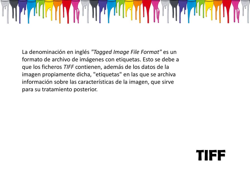 La denominación en inglés Tagged Image File Format es un formato de archivo de imágenes con etiquetas. Esto se debe a que los ficheros TIFF contienen, además de los datos de la imagen propiamente dicha, etiquetas en las que se archiva información sobre las características de la imagen, que sirve para su tratamiento posterior.