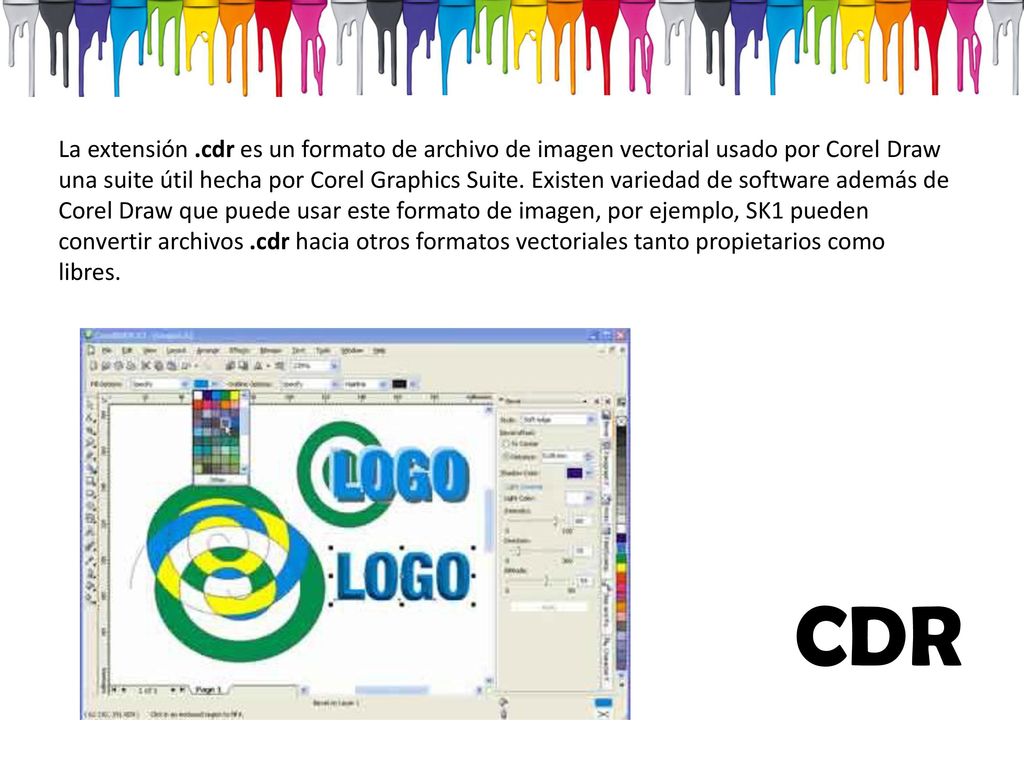 La extensión .cdr es un formato de archivo de imagen vectorial usado por Corel Draw una suite útil hecha por Corel Graphics Suite. Existen variedad de software además de Corel Draw que puede usar este formato de imagen, por ejemplo, SK1 pueden convertir archivos .cdr hacia otros formatos vectoriales tanto propietarios como libres.