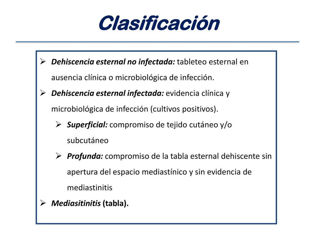 Clasificación Dehiscencia esternal no infectada: tableteo esternal en ausencia clínica o microbiológica de infección.