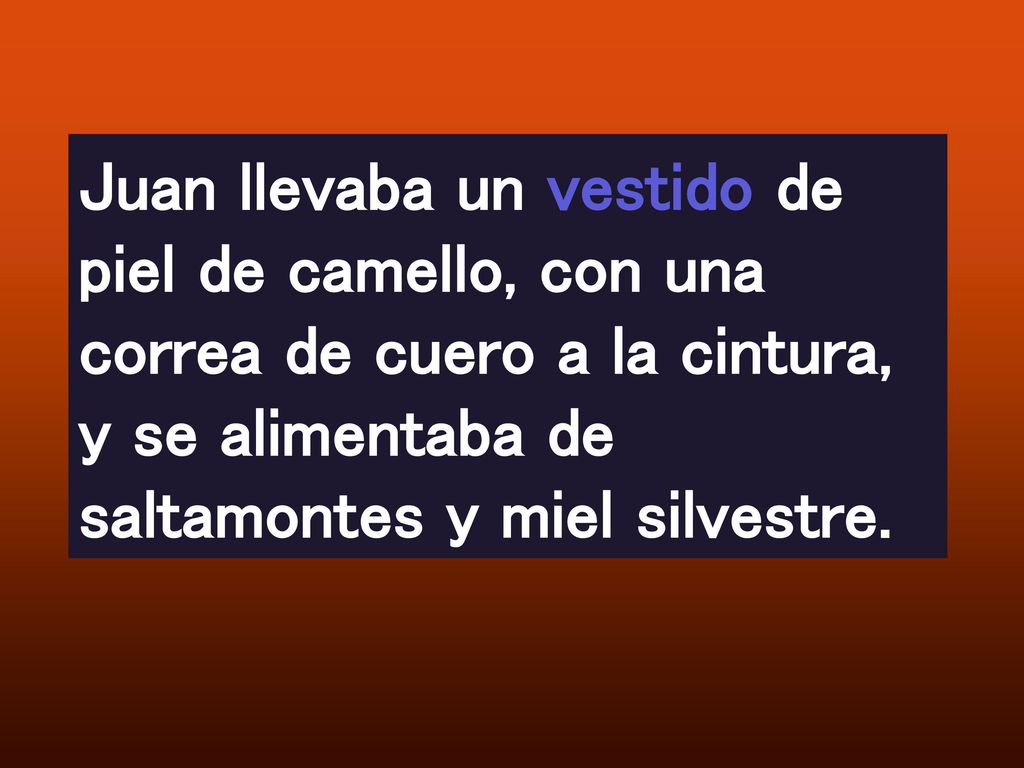 Juan llevaba un vestido de piel de camello, con una correa de cuero a la cintura, y se alimentaba de saltamontes y miel silvestre.