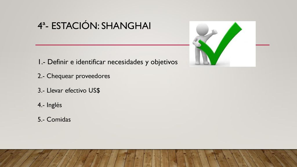 4ª- Estación: SHANghai 1.- Definir e identificar necesidades y objetivos. 2.- Chequear proveedores.