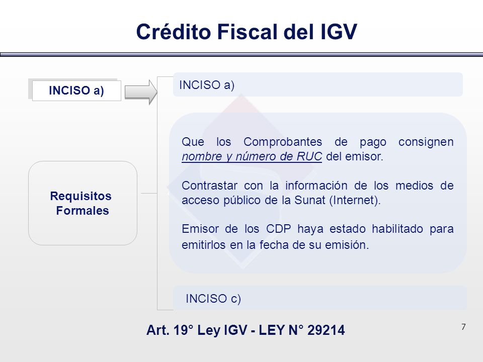Crédito Fiscal del IGV Art. 19° Ley IGV - LEY N° INCISO a)