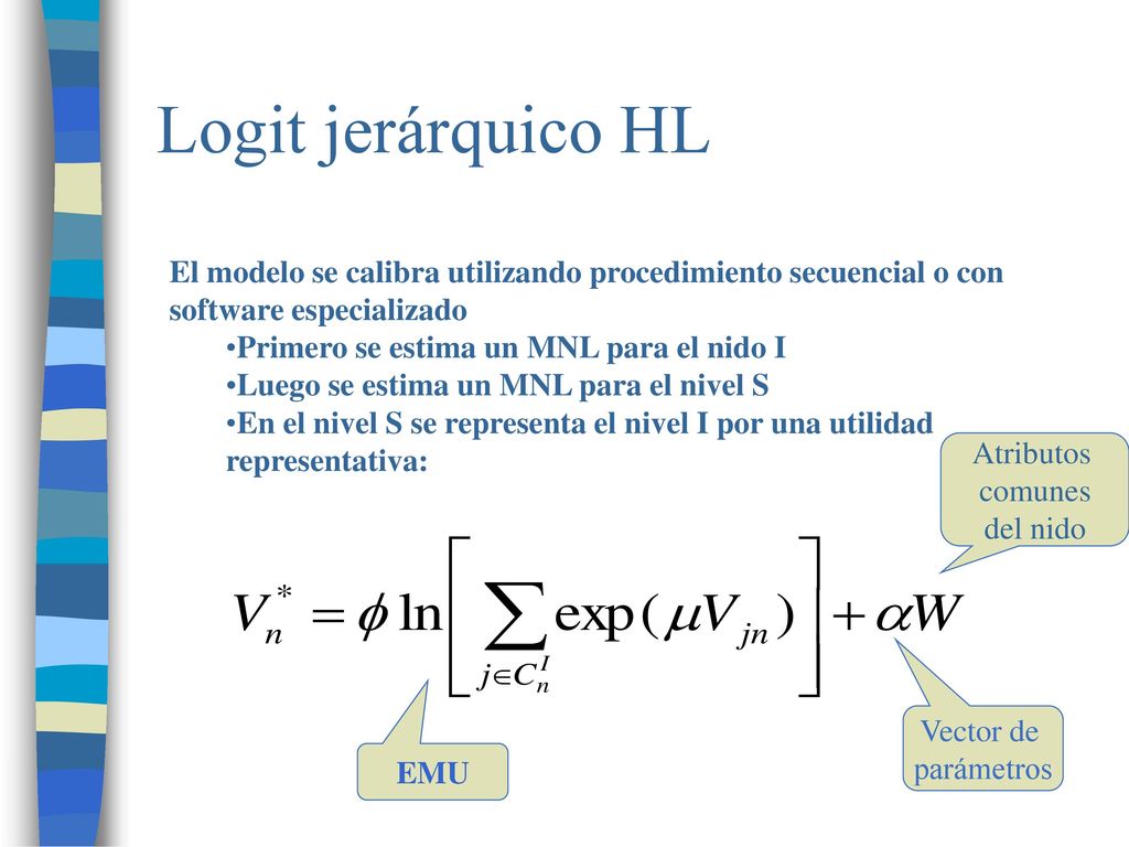 Logit jerárquico HL El modelo se calibra utilizando procedimiento secuencial o con software especializado.
