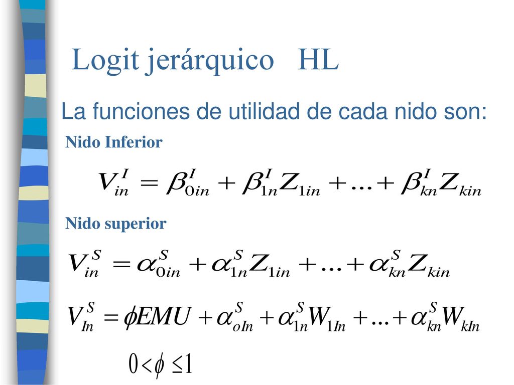 Logit jerárquico HL La funciones de utilidad de cada nido son: