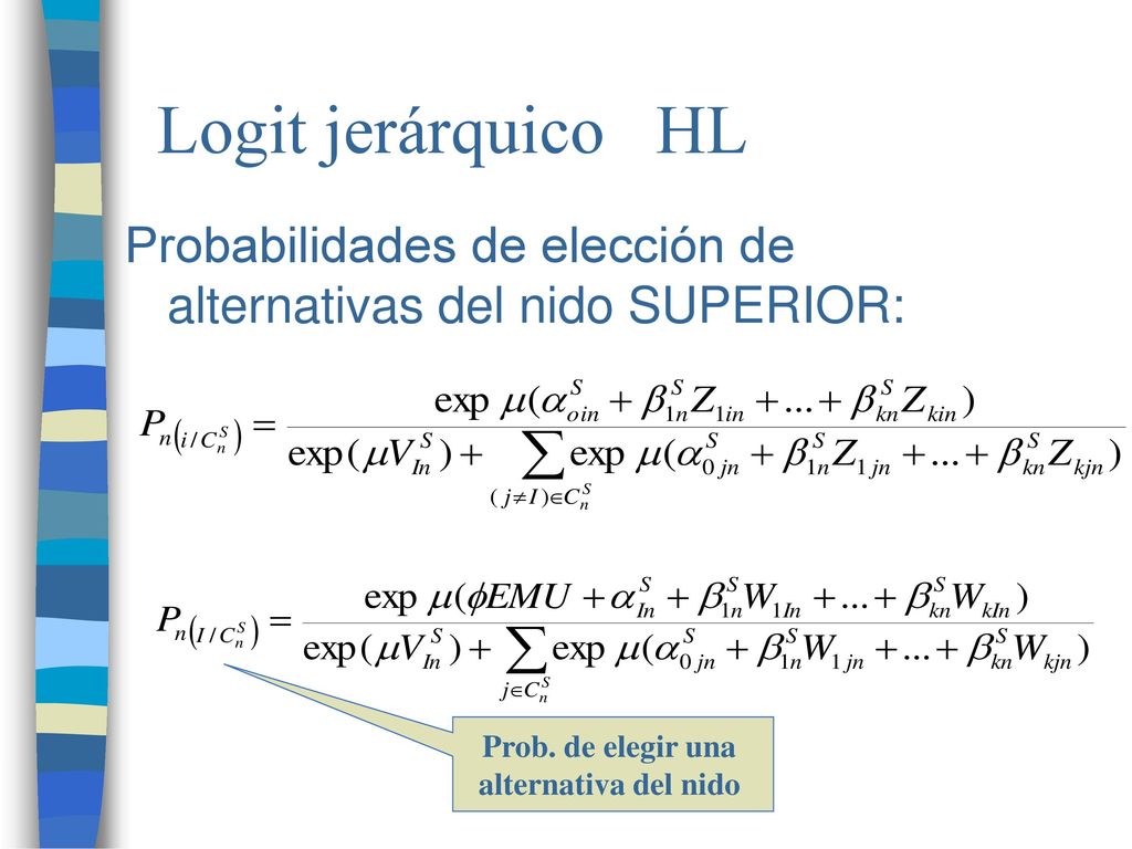 Logit jerárquico HL Probabilidades de elección de alternativas del nido SUPERIOR: Prob. de elegir una.