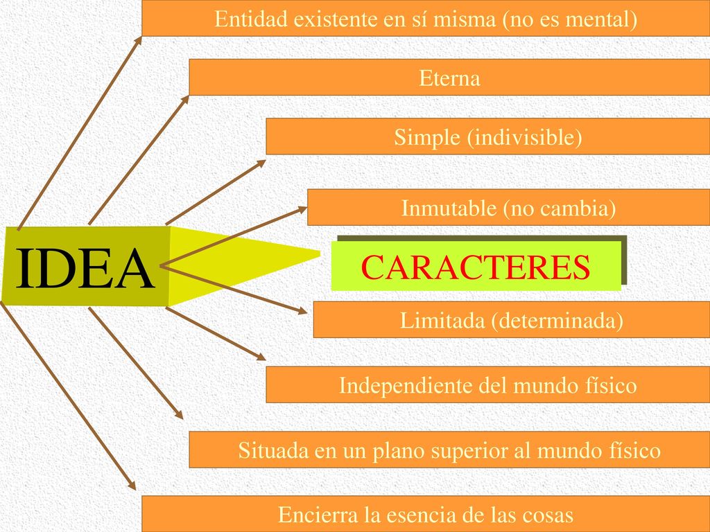 IDEA CARACTERES Entidad existente en sí misma (no es mental) Eterna