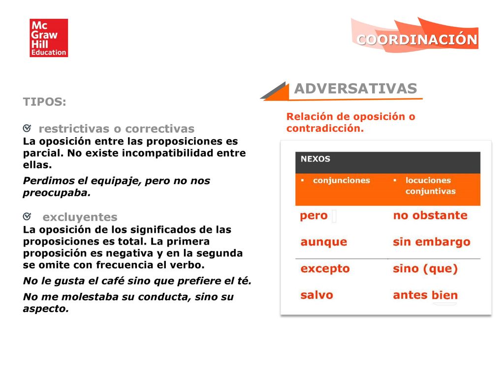 ADVERSATIVAS COORDINACIÓN TIPOS: restrictivas o correctivas