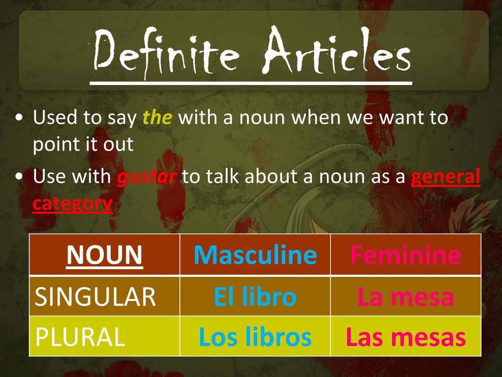 Definite Articles NOUN Masculine Feminine SINGULAR El libro La mesa