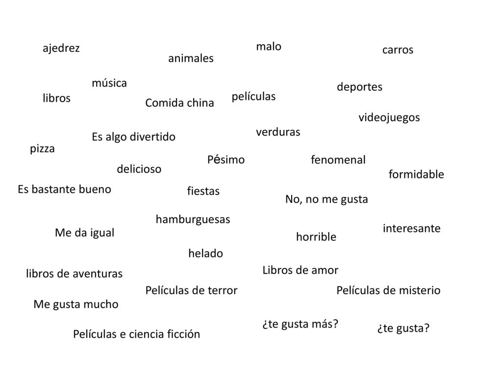 ajedrez malo. carros. animales. música. deportes. libros. películas. Comida china. videojuegos.