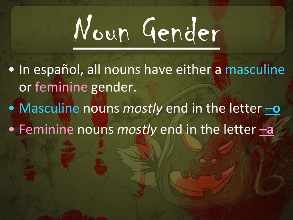 Noun Gender In español, all nouns have either a masculine or feminine gender. Masculine nouns mostly end in the letter –o.