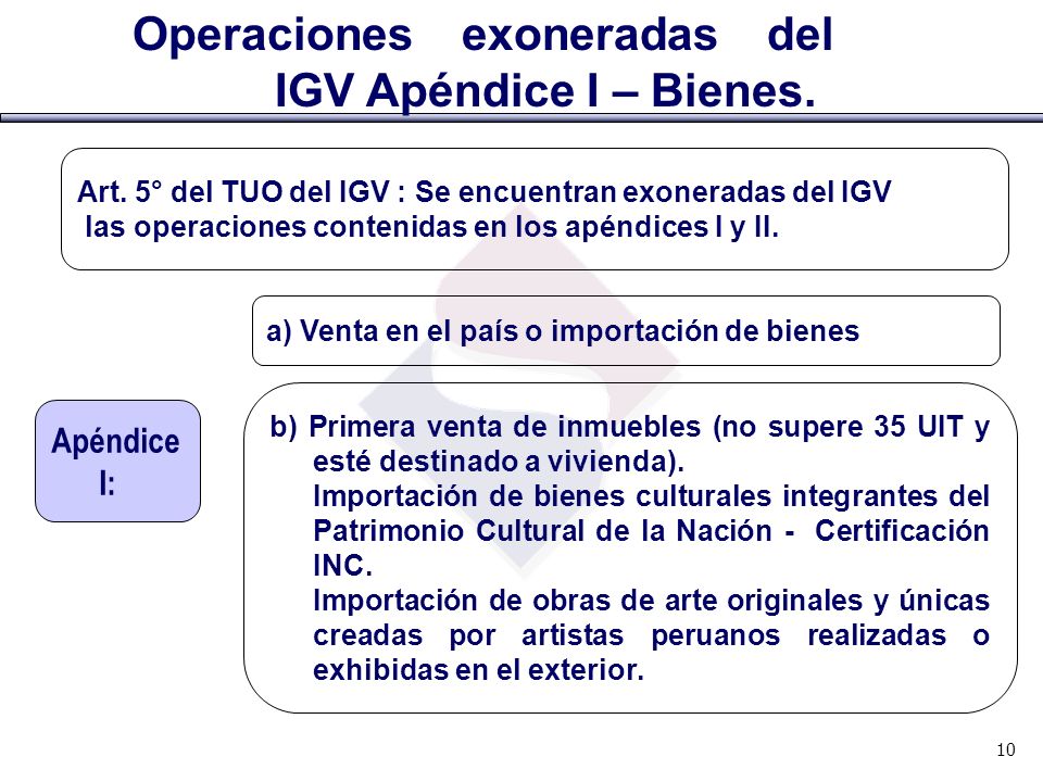 Operaciones exoneradas del IGV Apéndice I – Bienes.