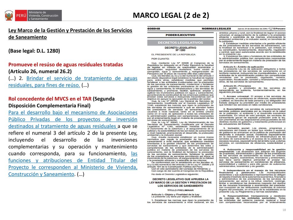 MARCO LEGAL (2 de 2) Ley Marco de la Gestión y Prestación de los Servicios de Saneamiento. (Base legal: D.L. 1280)