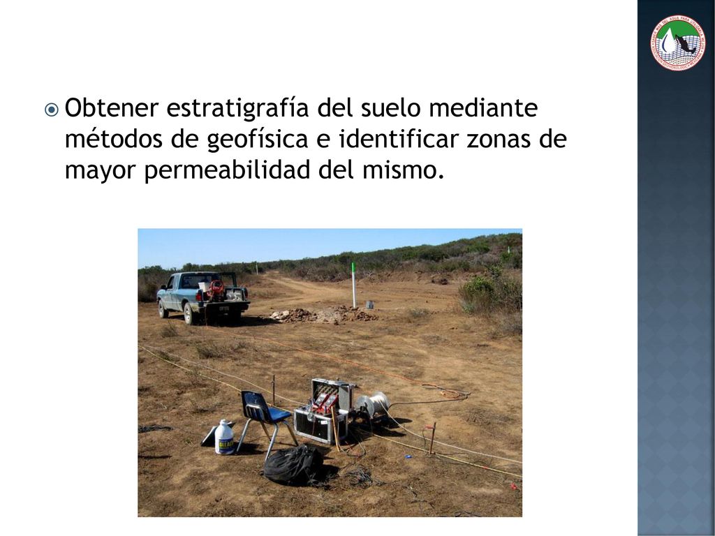 Obtener estratigrafía del suelo mediante métodos de geofísica e identificar zonas de mayor permeabilidad del mismo.