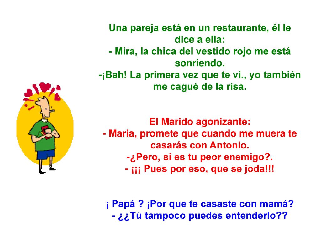 Una pareja está en un restaurante, él le dice a ella: - Mira, la chica del vestido rojo me está sonriendo.