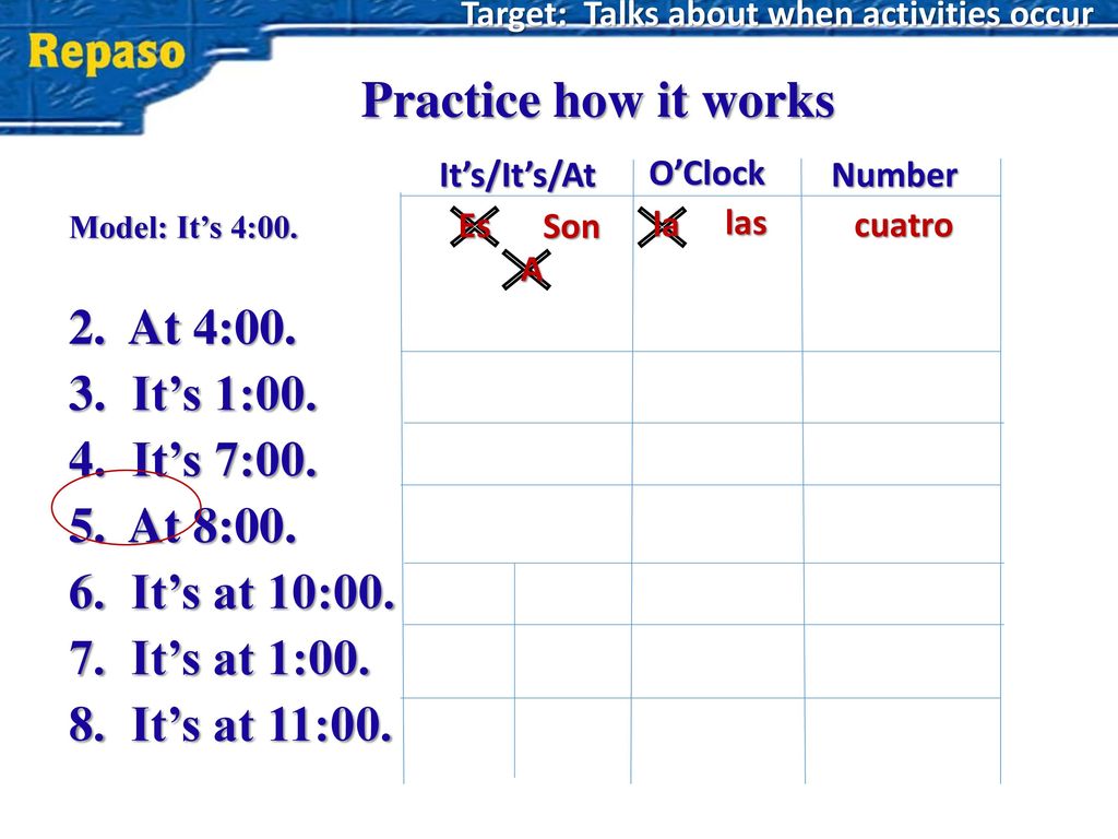 Practice how it works 2. At 4:00. It’s 1:00. It’s 7: At 8:00.