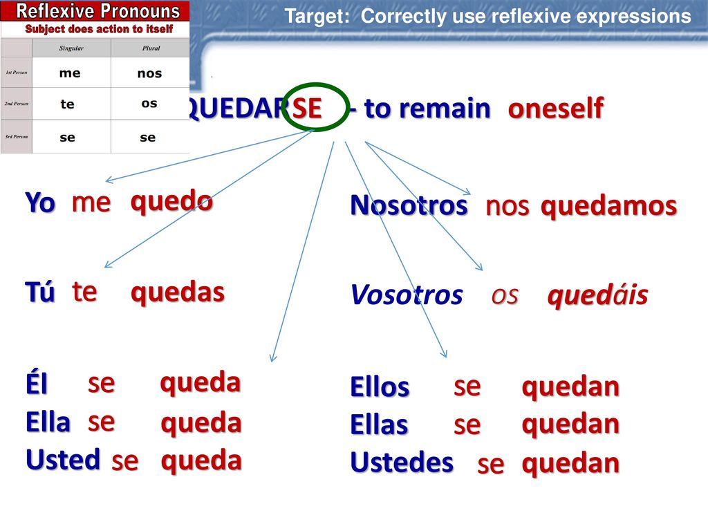 SE oneself QUEDAR - to remain Yo Tú Él Ella Usted me quedo Nosotros