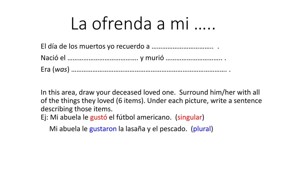 La ofrenda a mi ….. El día de los muertos yo recuerdo a …………………………….. . Nació el …………………………………. y murió ………………………….. .