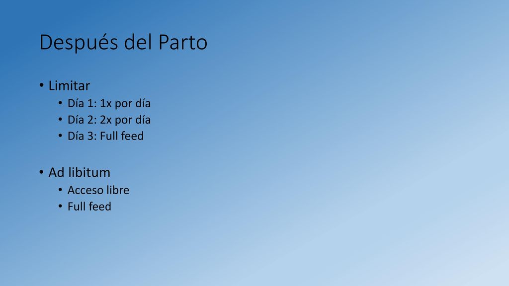 Después del Parto Limitar Ad libitum Día 1: 1x por día