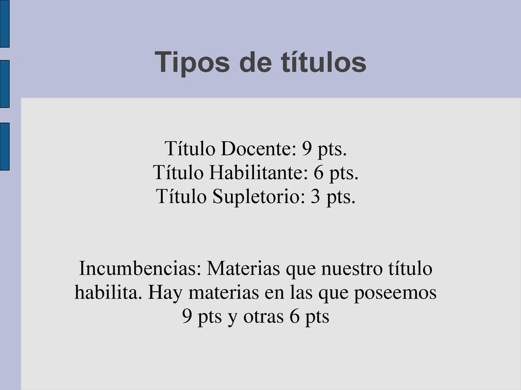 Tipos de títulos Título Docente: 9 pts. Título Habilitante: 6 pts.