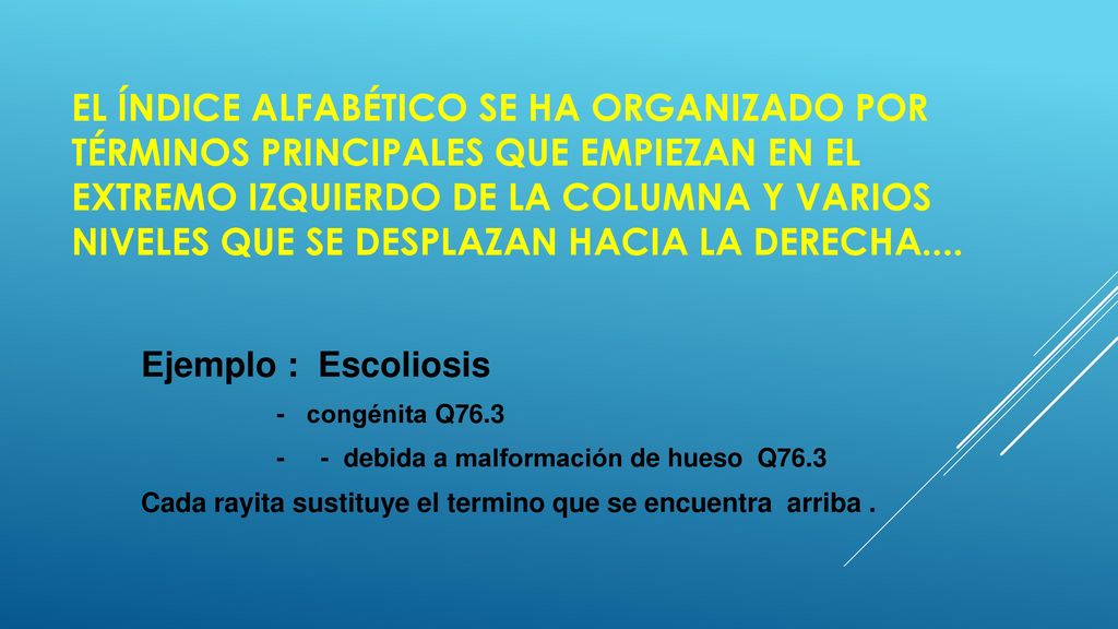 El índice alfabético se ha organizado por términos principales que empiezan en el extremo izquierdo de la columna y varios niveles que se desplazan hacia la derecha....