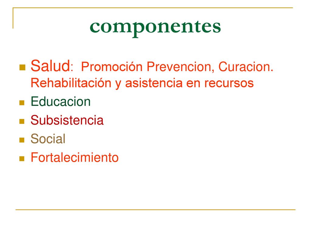 componentes Salud: Promoción Prevencion, Curacion. Rehabilitación y asistencia en recursos. Educacion.