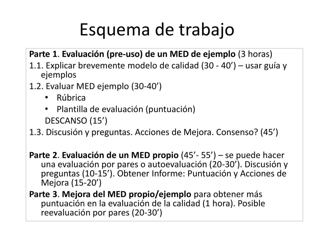 Esquema de trabajo Parte 1. Evaluación (pre-uso) de un MED de ejemplo (3 horas)