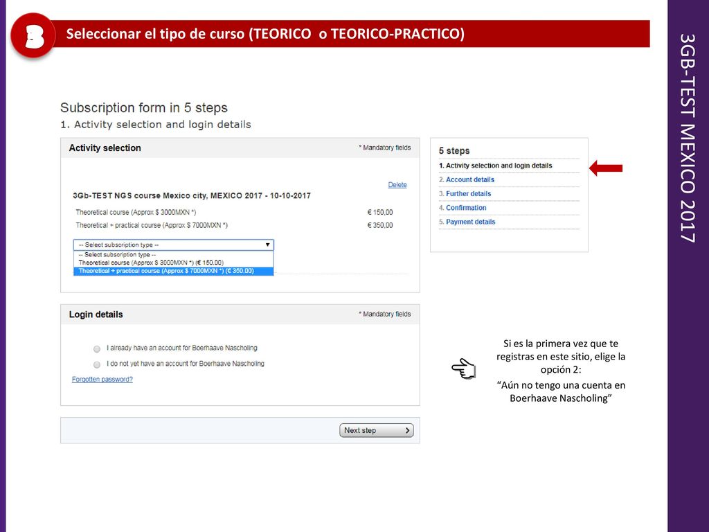 3 Seleccionar el tipo de curso (TEORICO o TEORICO-PRACTICO) 3GB-TEST MEXICO