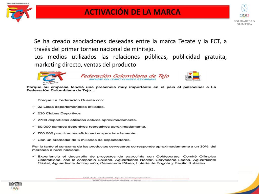 ACTIVACIÓN DE LA MARCA Se ha creado asociaciones deseadas entre la marca Tecate y la FCT, a través del primer torneo nacional de minitejo.