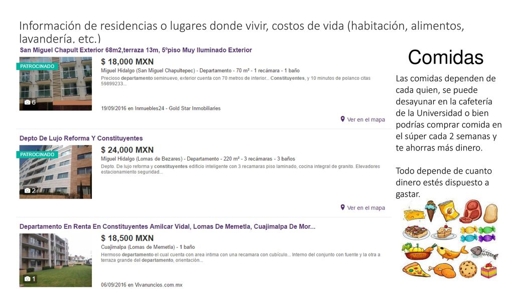 Información de residencias o lugares donde vivir, costos de vida (habitación, alimentos, lavandería, etc.)
