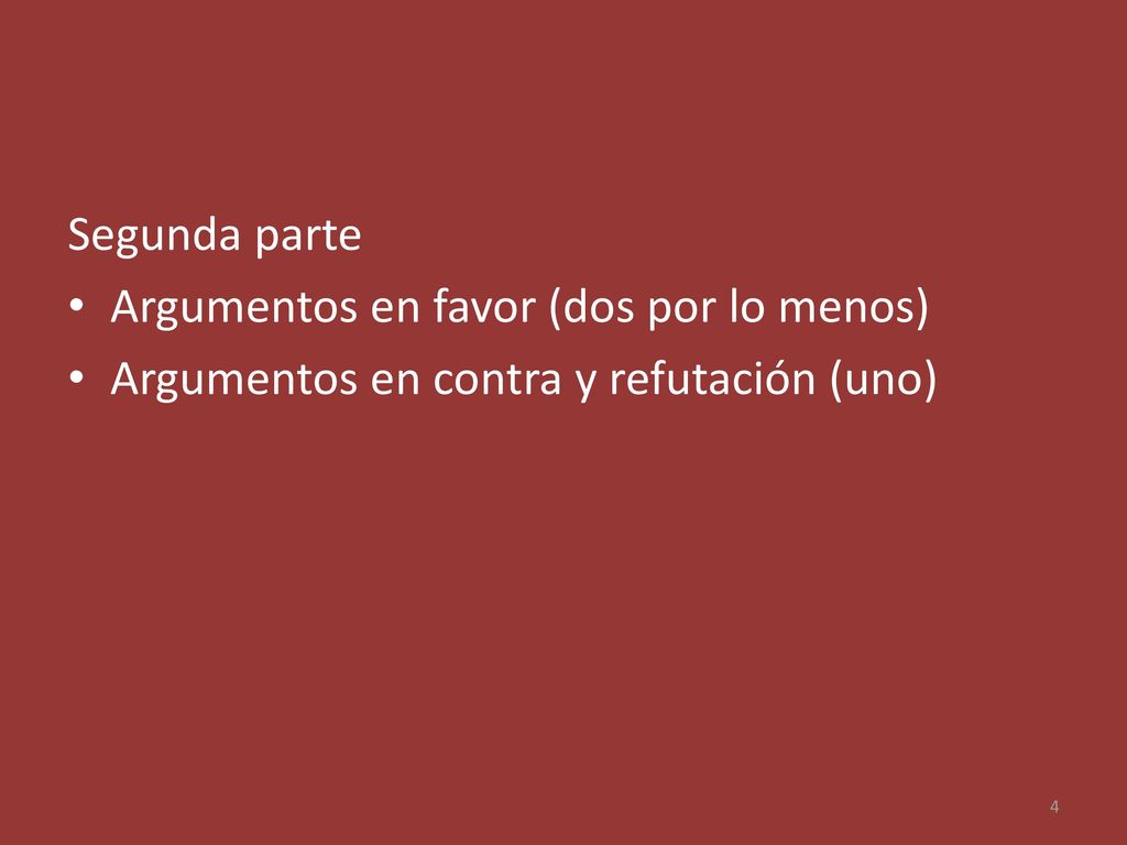 Segunda parte Argumentos en favor (dos por lo menos) Argumentos en contra y refutación (uno)