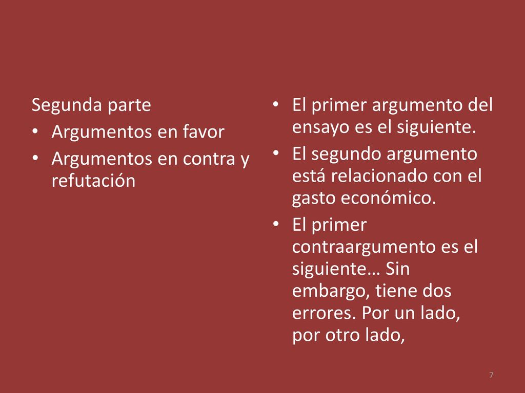 Segunda parte Argumentos en favor. Argumentos en contra y refutación. El primer argumento del ensayo es el siguiente.
