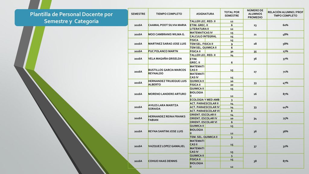 Plantilla de Personal Docente por Semestre y Categoria