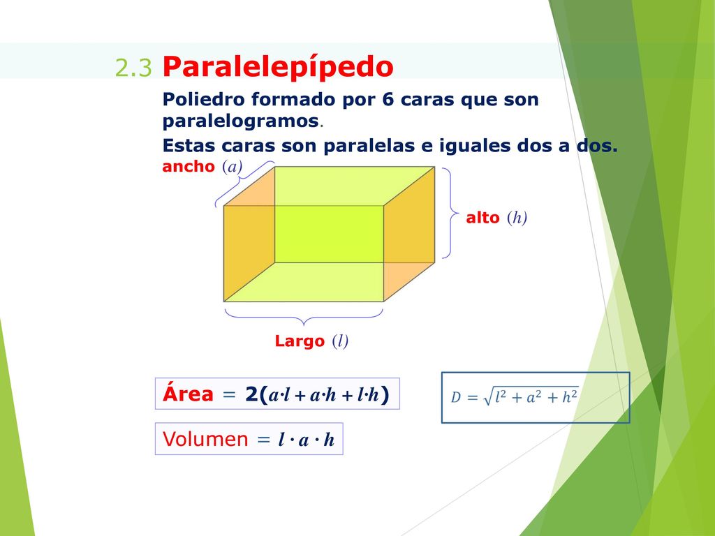 2.3 Paralelepípedo Área = 2(a·l + a·h + l·h) Volumen = l · a · h