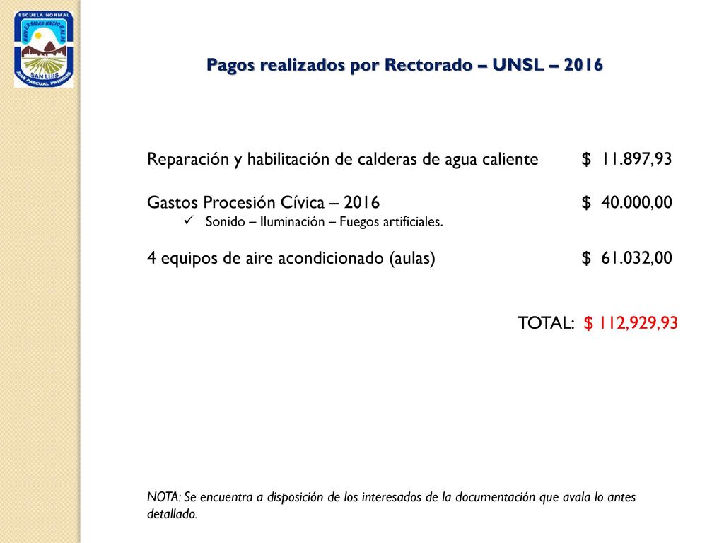Pagos realizados por Rectorado – UNSL – 2016